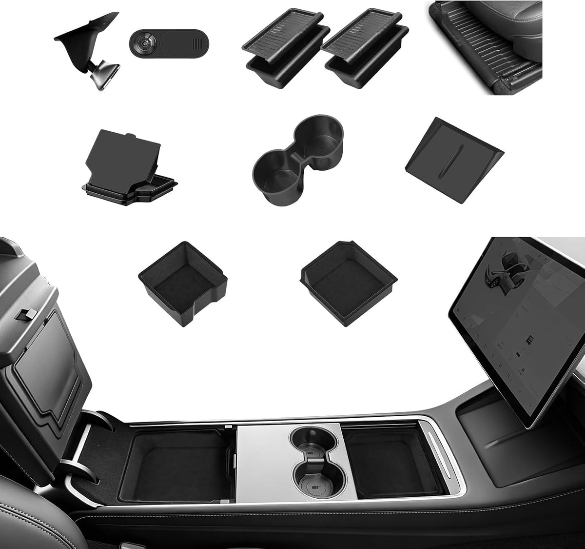 9Pcs Set Center Console Organizer Tray for Tesla Model Y Juniper 2025 2026, Under Seat Storage Box with Lid, Black, 2-Piece Set