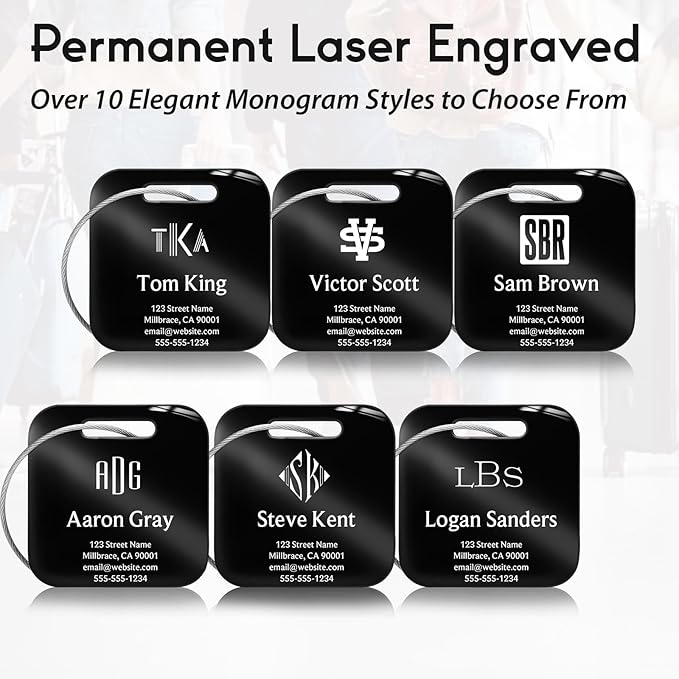 Personalized Luggage Tags for Suitcases - Stainless Steel Custom Luggage Tags for Backpacks & Bags, Sturdy, Waterproof & Heavy Duty (Black/Square)
