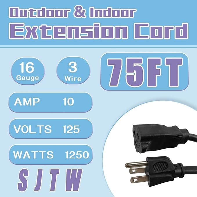 Indoor Outdoor Extension Cord 75 FT, 16/3 SJTW Weatherproof Black Electrical Cords, 10 AMP Heavy Duty 3 Prong Power Cable Great for Garden, Landscaping & Holiday Decorations
