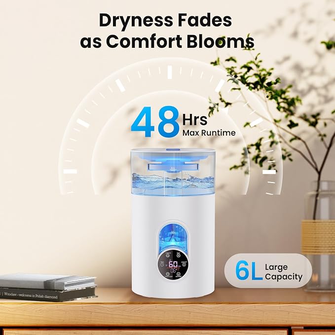 Humidifiers for Bedroom Large Room Home - GloryAir 6L Quiet Top Fill Cool & Warm Mist Humidifier with Smart Humidity Control, Remote Control, 7-Color Light, Humidistat, Oil Diffuser