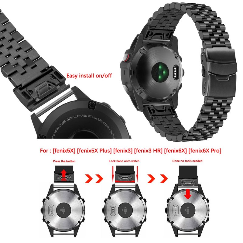 YISIWERA Tapered Stainless Steel Watch Band 26mm Compatible for Fenix 6X 5X Plus Screw Fix Strap Compatible for Garmin Fenix 6X Pro/3/3 HR/Descent Mk1