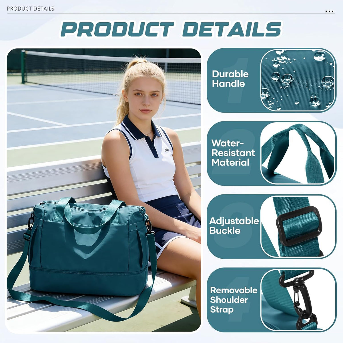Skiennix Travel Duffel Bag - Waterproof Weekender with Shoe Compartment & Trolley Sleeve | Peacock Blue