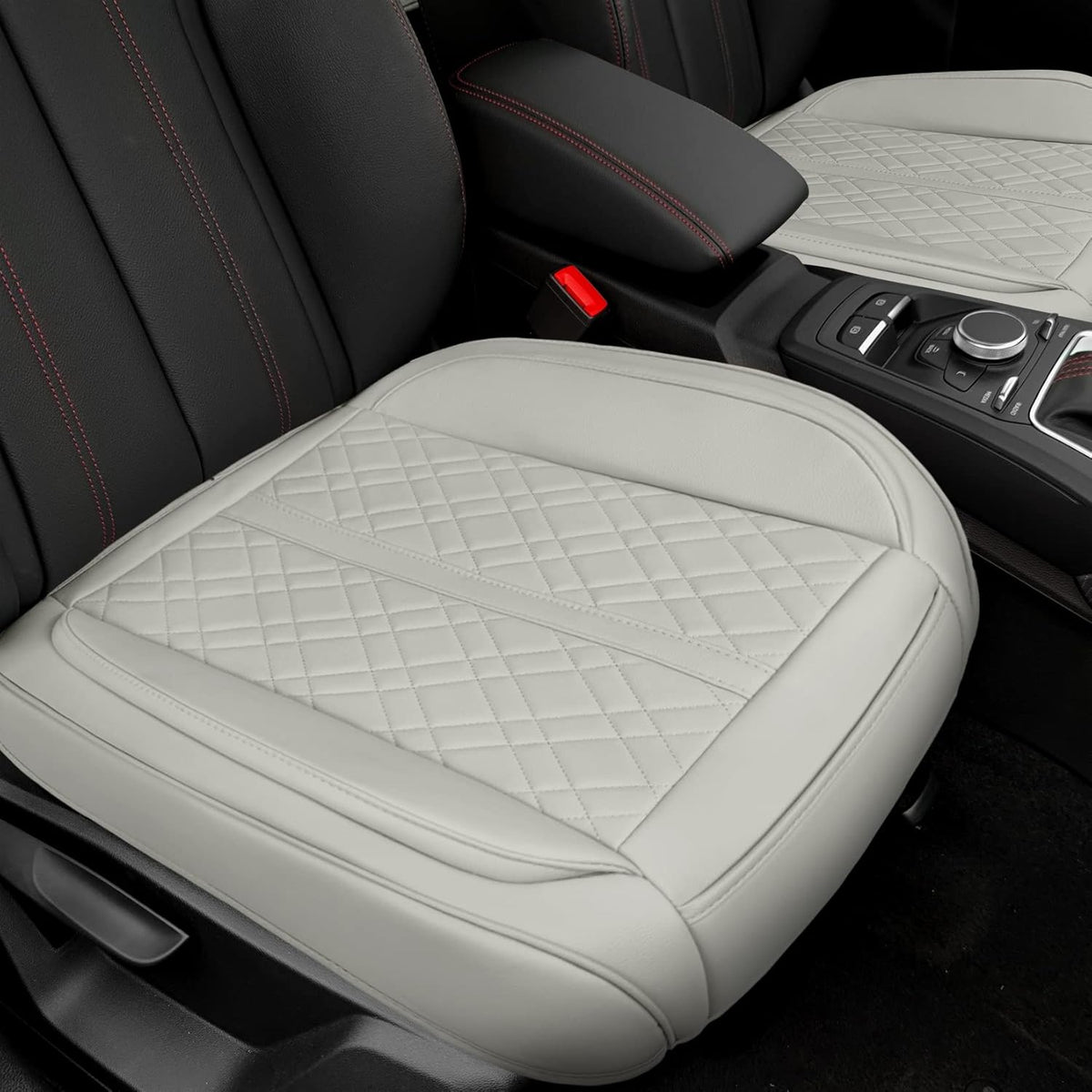 SanQing Car Seat Cover for Front Car Seat Bottom,Premium PU Leather Seat Cushion Protector Without Backrest with Storage Pocket,Full Wrapping Edge Works with Sedan SUV Pickup Minivan (Beige)