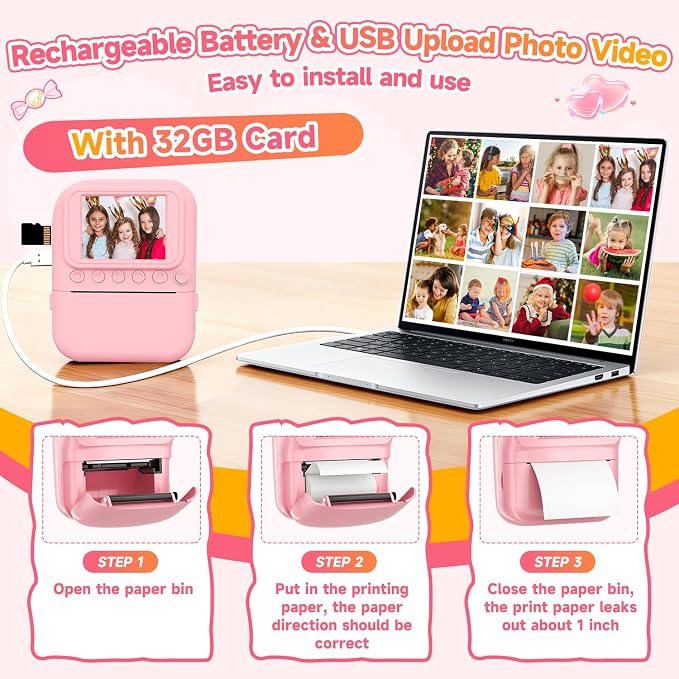 Kids Camera Instant Print, 1080P Digital Instant Print Cameras