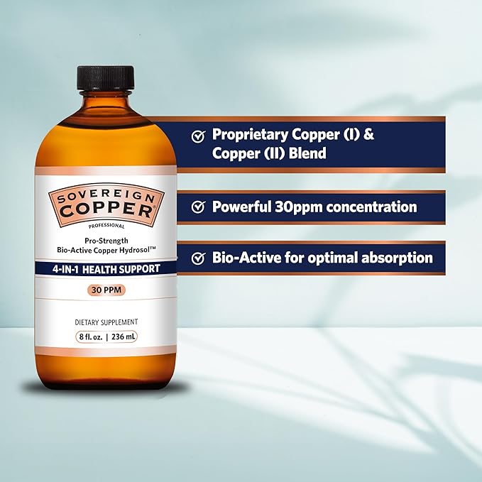 Sovereign Copper Pro-Strength Copper Hydrosol – Bio-Active Liquid Copper Supplements for 4-in-1 Health Support – 8 fl oz