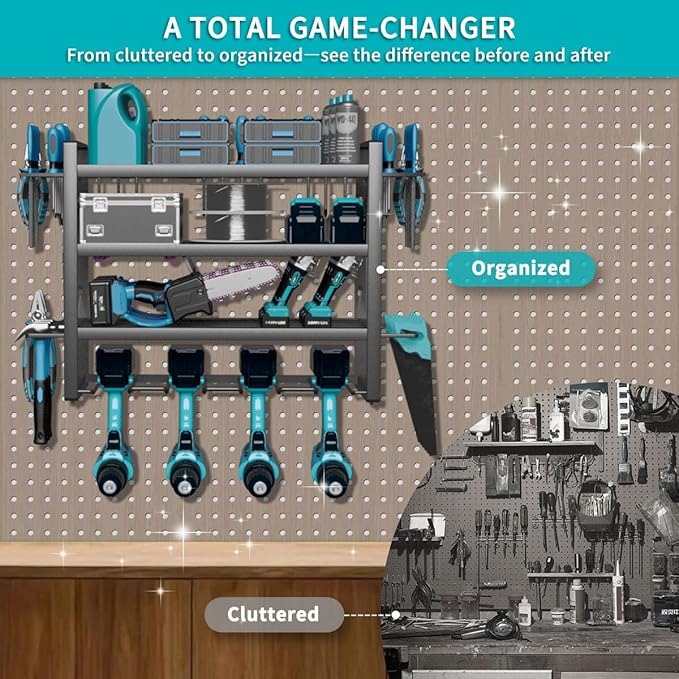 Power Tool Organizer Wall Mount Loads 200lbs, 4 Layers Heavy Duty Tool Organizers and Storage, Cordless Tool Rack with 4 Drills Holder, for Garage Workshop Shed Tool Room Garden