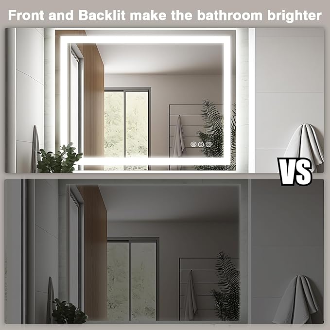 40"x32" LED Bathroom Mirrors for Wall, Front and Backlit Mirror, Anti-Fog Vanity Mirror with Lights, Stepless 3 Colors Dimmable Lighted Mirror(Horizontal/Vertical)