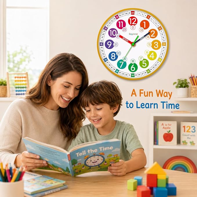 Roymnie Wall Clock for Kids Battery Operated Silent Non Ticking Analog Clock