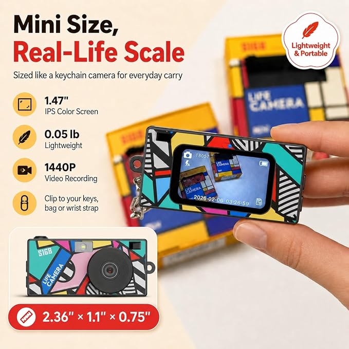 Mini Keychain Digital Camera, 1440P Video, 2MP Photos, 16GB Card, Type C