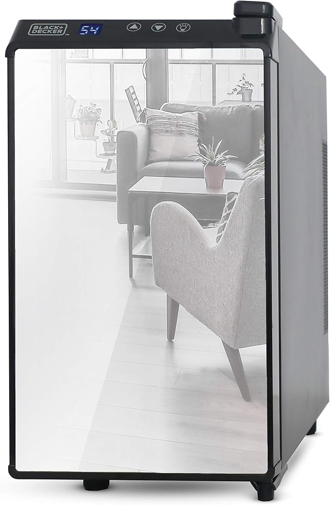 BLACK+DECKER 8-Bottle Thermoelectric Wine Chiller, BD60326, Mirrored Door | Thermoelectric Wine Cooler with Temperature Control, 8 Bottle Fridge for Reds, Whites and More, LED Display, Chrome Racks