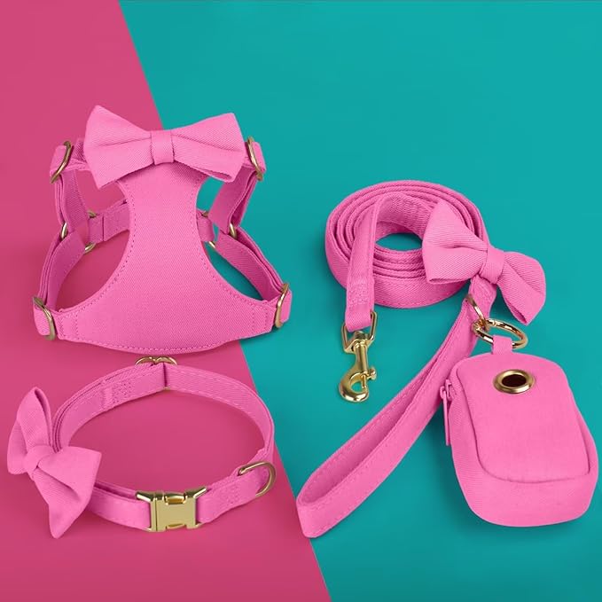 Beirui Adorable Small Dog Harness Collar and Leash Set,Cute XXS Puppy Harness Set with 3 Bows for Tiny Dogs,Chihuahua,Adjustable Step-in Vest for Daily Walking,Parties&Holiday Outfits(Hot Pink,XXS)