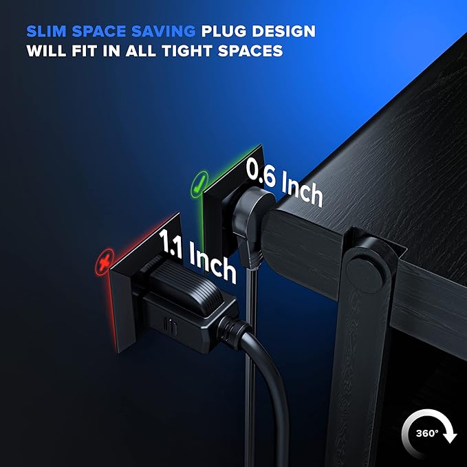 Maximm 360 Degree Rotating Flat Extension Cord 10 Ft Multi 3 Outlet Power Cord Grounded 16 AWG UL Certified, Black
