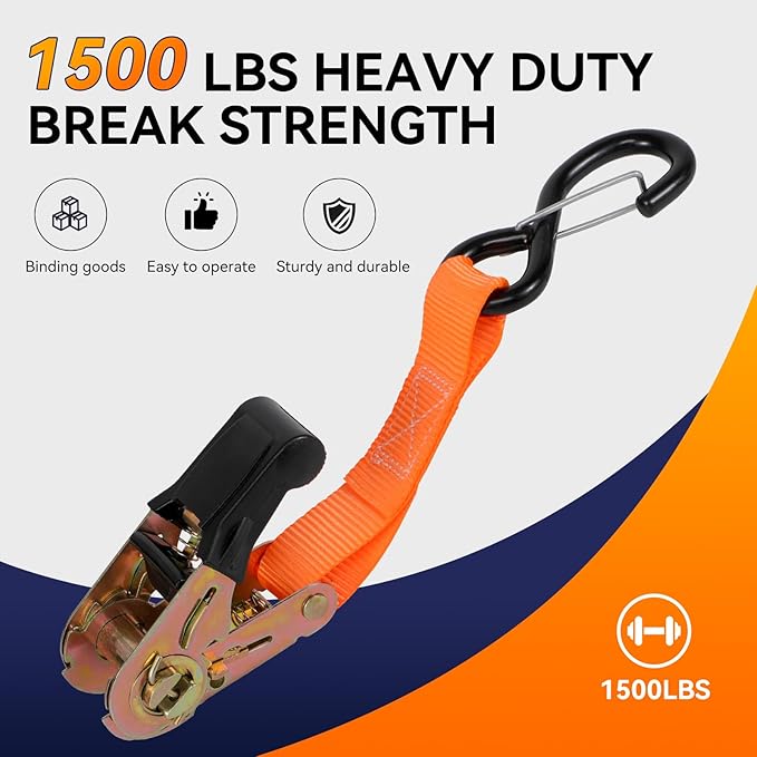 4 Pack Ratchet Straps Tie Downs Heavy Duty 1500 LBS Break Strength, Orange Tie Down Straps with S Hooks and Safety Clips, 4 Bungee Cords, Storage Bag for Motorcycle, Truck, Cargo, UTV, Trailer