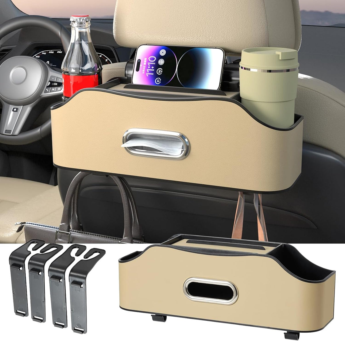 Back Seat Cup Holder for Car – Multifunctional Seat Back Organizer with Drink Holders, Tissue Box Storage & Hooks, Fits Headrest for Auto. (Gray)