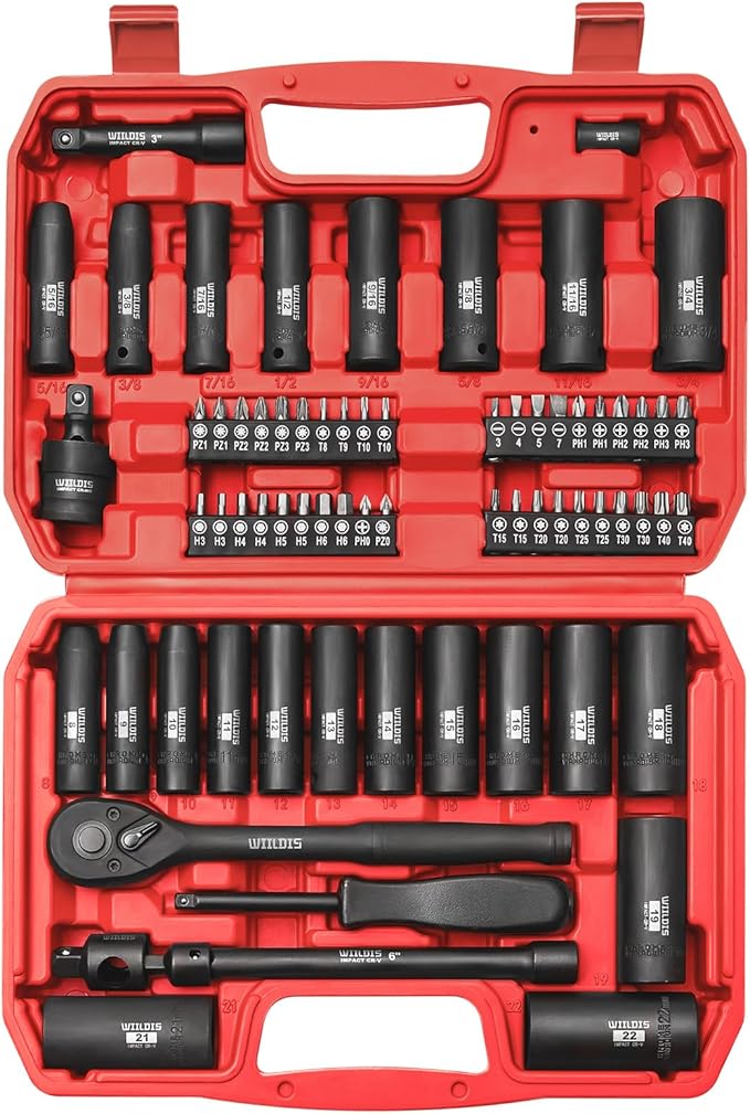 WIILDIS 70pcs 3/8" Drive Impact Socket Set,Standard SAE(5/16 to 3/4-Inch) Metric Size(8-22mm), CR-V Steel Deep Socket Kit, Adapters, Ratchet Handle, Screwdriver Bit Set, Sliding T Bar, 6 Point