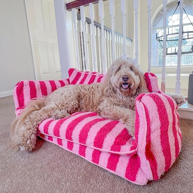 Lazy Holiday Plush Cozy Dog & Cat Sofa Bed, Teddy Velvet Dog Bed, Trendy Striped Faux Lambswool Double Layer Dog & Cat Sofa Bed Dogs Sleeping Mat for Medium Small Dogs & Cats (Pink,M)