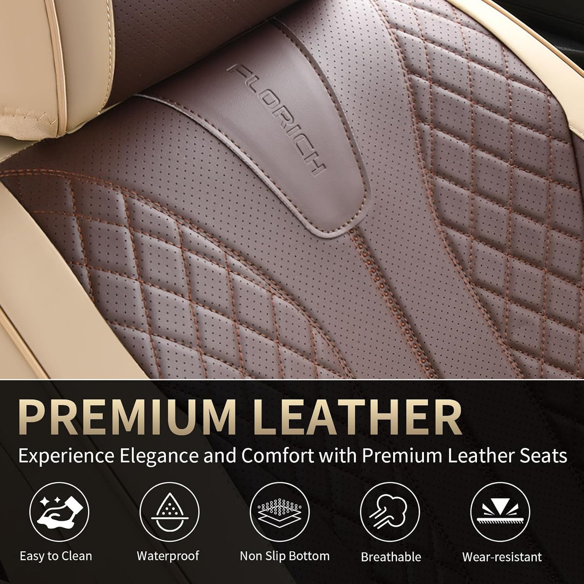 FLORICH Front Seat Covers 2 Pieces Universal Seat Cover for Cars Breathable Leather Waterproof Car Seat Cover Driver Seat Cover Automotive Car Seat Cushion Fit for Most Cars SUV Trucks, Beige&Coffee