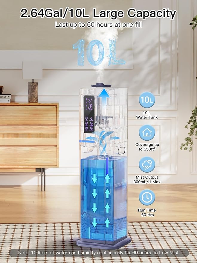 10L/2.64Gal Humidifiers for Bedroom, Top Fill Quiet Ultrasonic Cool Mist Humidifier Large Room, Covers 550ft², 60H Runtime, 24H Timer, 3 Mist Modes Humidifiers for Home, Office, Plants, Purple