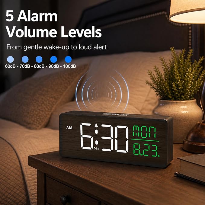 Peakeep Wooden Digital Alarm Clock Large Display, Textured Decoration