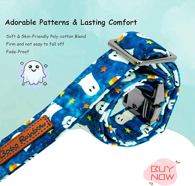 Halloween Dog Collar, Ghost Print Adjustable Pet Collar Blue Cute Cotton Soft Collars with Bow Tie Fall Metal Buckle Holiday Puppy Collars Boy&Girl Gift for X-Small Dogs