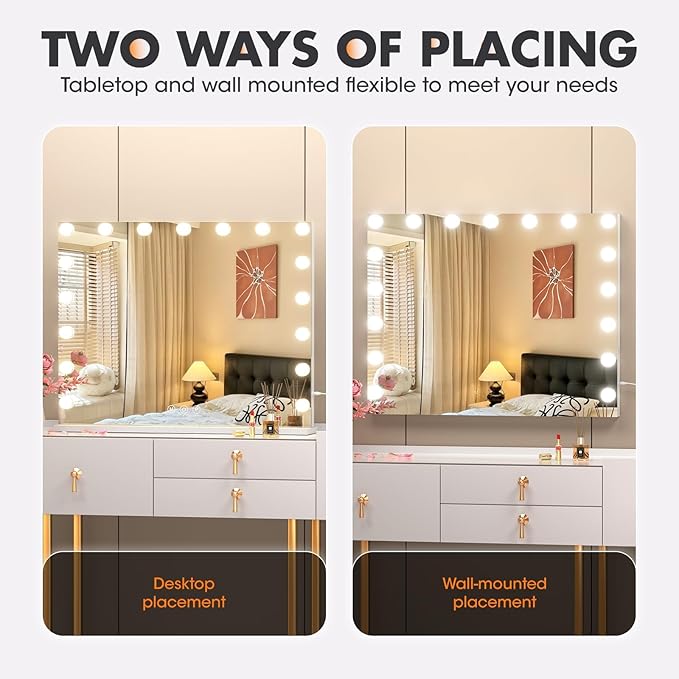 Hasipu 24" x20” Hollywood Vanity Mirror with Lights - Makeup Mirror with 17 Dimmable LED Bulbs, 10X Magnification, Touch Control, USB & Type-C Charging Port (Square White)