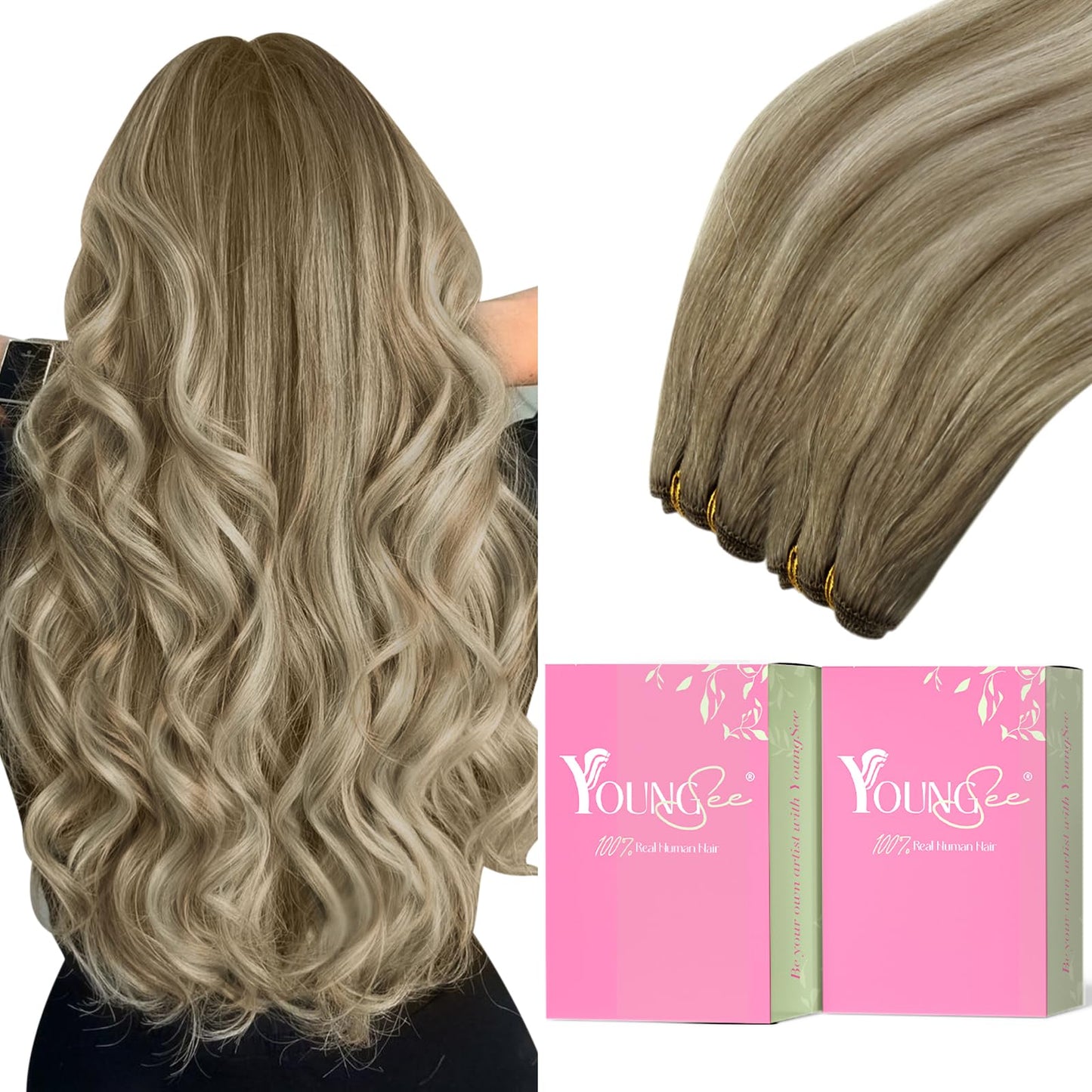 Youngsee Sew In Hair Extensions Human Hair Balayage Brown Human Hair Weft Extensions Medium Brown Fading To Brown Mix Platinum W