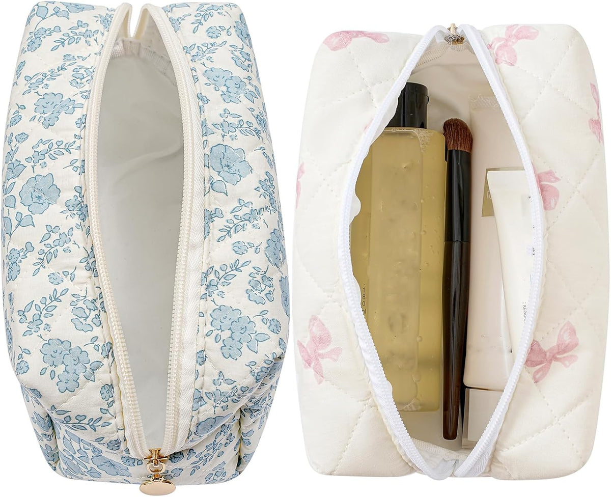 Makeup Bag Travel Cosmetic Bag for Women Girls, Zipper Make Up Pouch, Floral Flowers Toiletry Organizer Makeup, Portable Storage Cosmetic Travel Cloth Bag (Blue Floral+Pink Bow Tie)