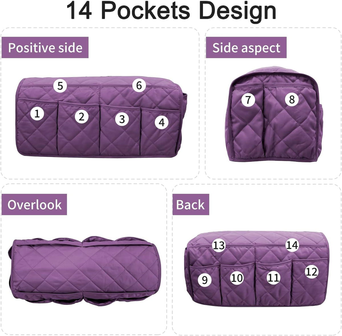Sofa Armrest Organizer,Couch Remote Control Holder with 14 Pockets Waterproof Non Slip Recliner Organizer for TV Remotes Caddy, Book, Magazines, Ipad (Purple)