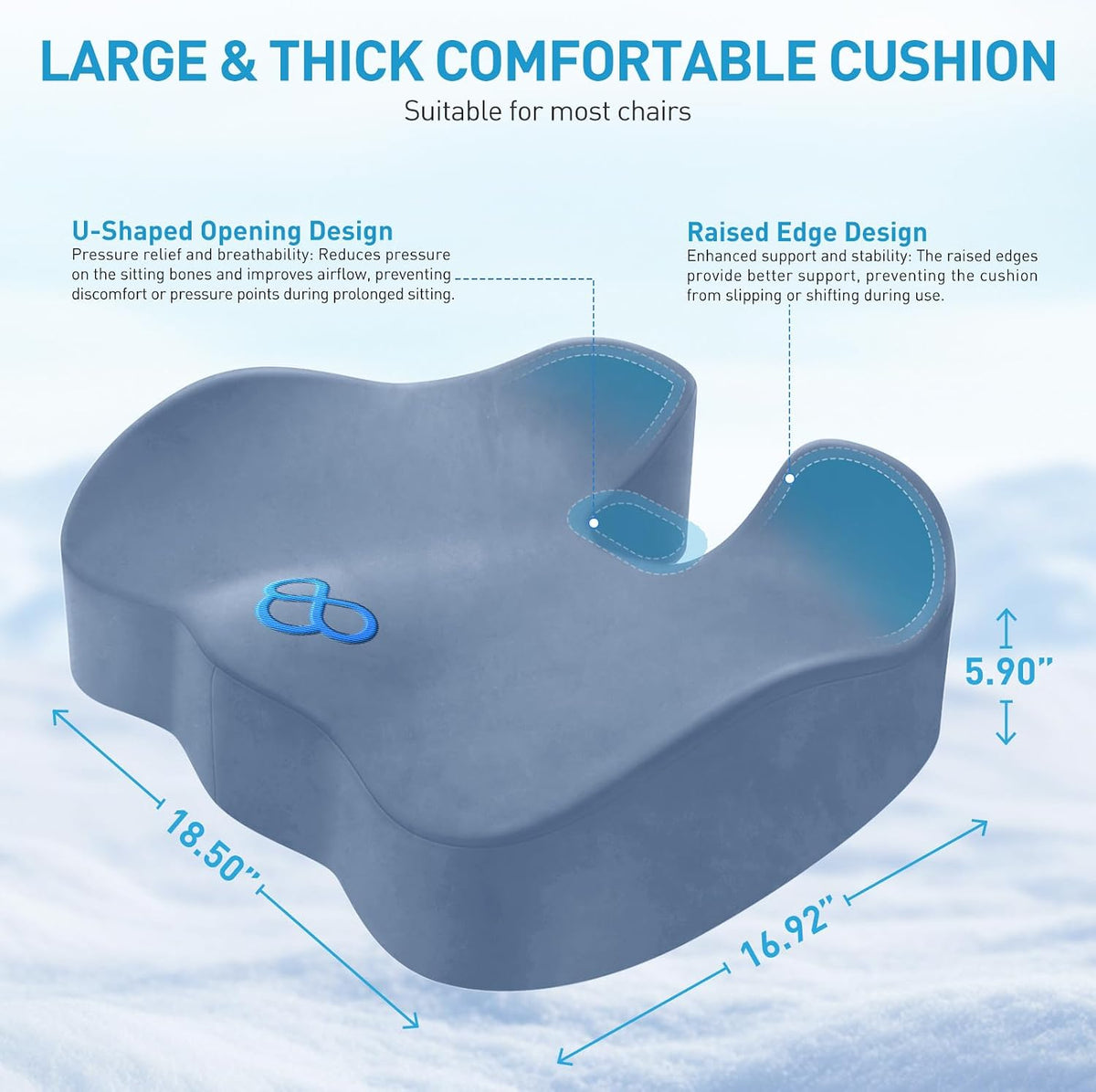 BlissTrends Extra Thick Seat Cushion for Office Chair & Car Seat,LightBlue | Tailbone & Sciatica Relief, Ergonomic Support, High-Density Memory Foam, Comfort for Extended Sitting