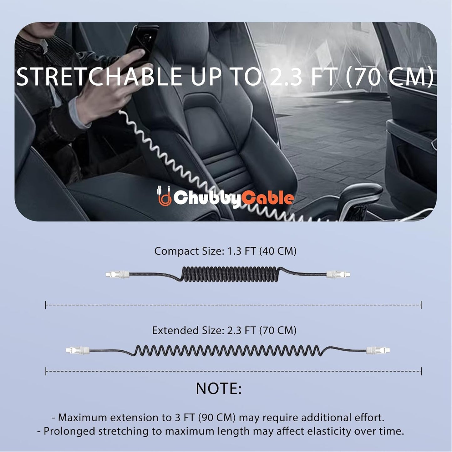 chubbycable Curly Chubby - Retractable Fast Charging Cable 240W Coiled Charger Cord for Car Durable USB-C Cable for Phones, Tablets and More, Pink, Type-C to Type-C, 1.3FT-2.3FT