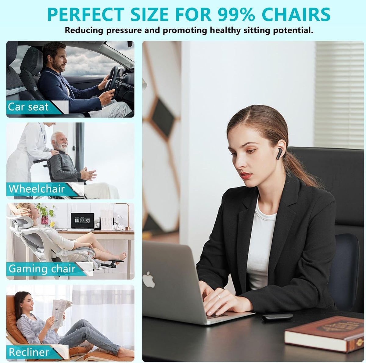 FLORICH 3 PCS Seat Cushion for Carseat Lumbar Support Pillow Car Neck Headrest Pillow 100% Memory Foam Seat Pads Pressure Relief Back Cushion for Office Chair(Black)