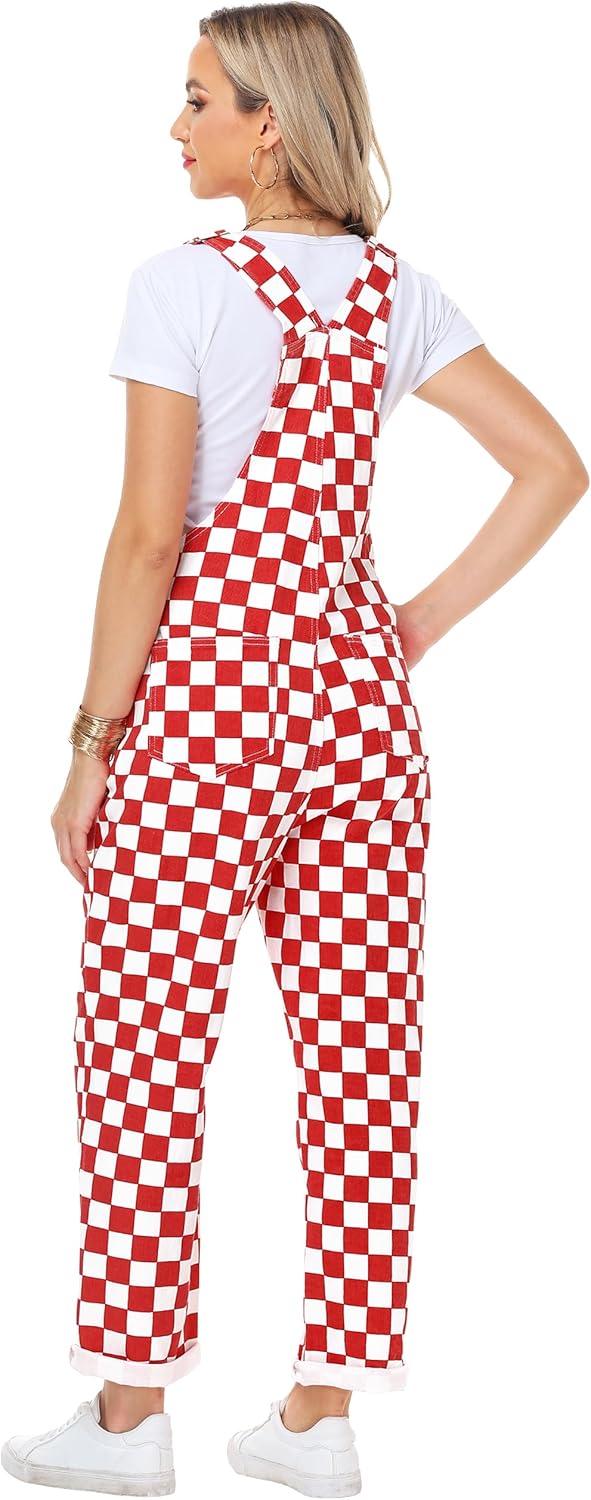 Skiennix Women's Checkered Bib Overalls - Comfortable Cotton Denim Jumpsuit in Stylish Design