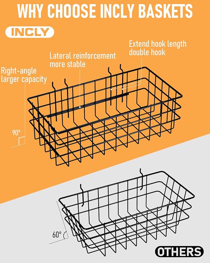 INCLY 4 Pack Pegboard Baskets Bins Set, 4 Size Square Style Black Metal Wire Basket for Any Peg Board Organizing Tools, Pegboard Accessories for Workbench Garage Wall Storage Attachments
