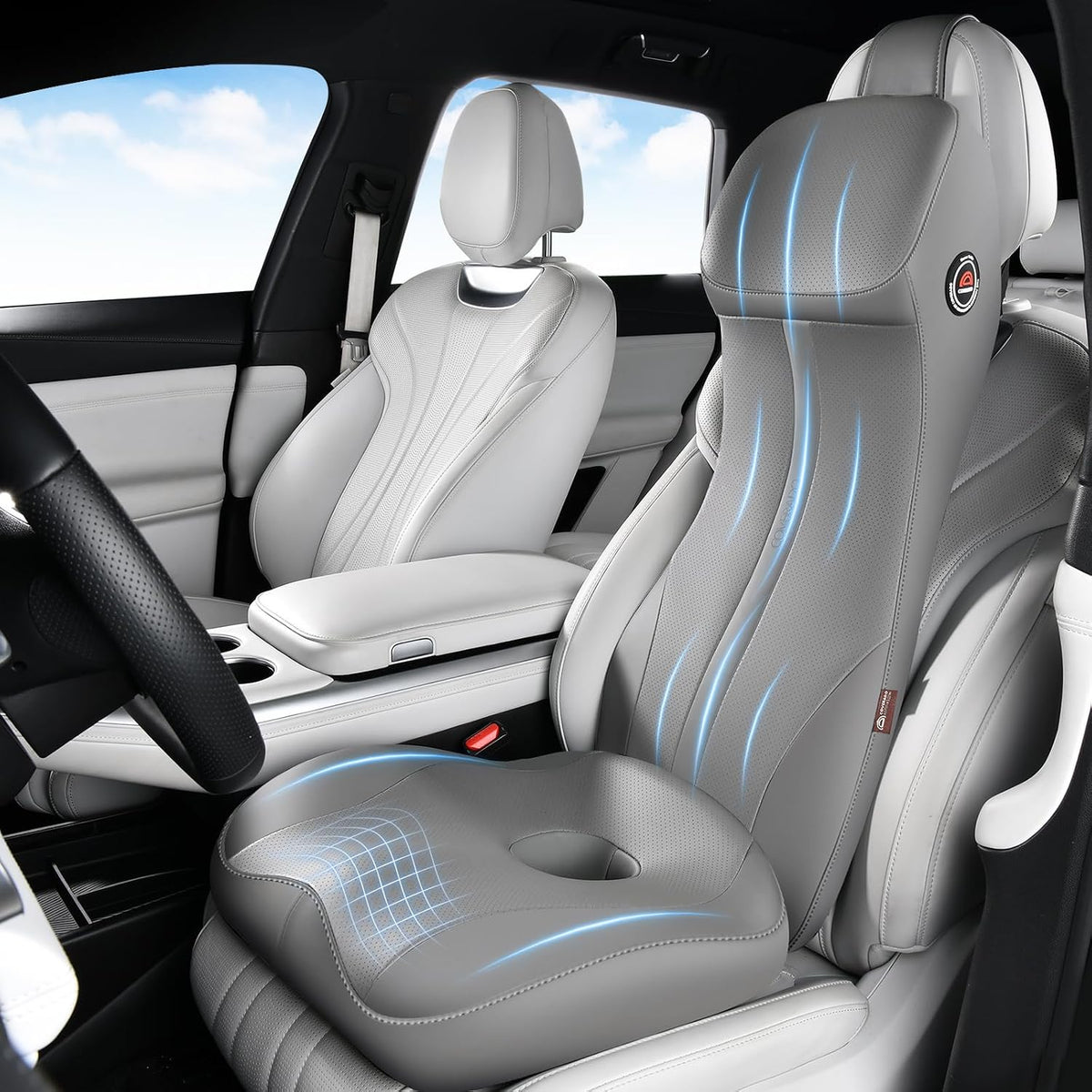 Coverado Memory Foam Car Seat Cushion and Lumbar Support Headrest Pillow, 2-in-1 Integrated Ergonomic Back Support Neck Pillow, Breathable Seat Cushion for Sciatica Back Tailbone Pain Relief, Gray