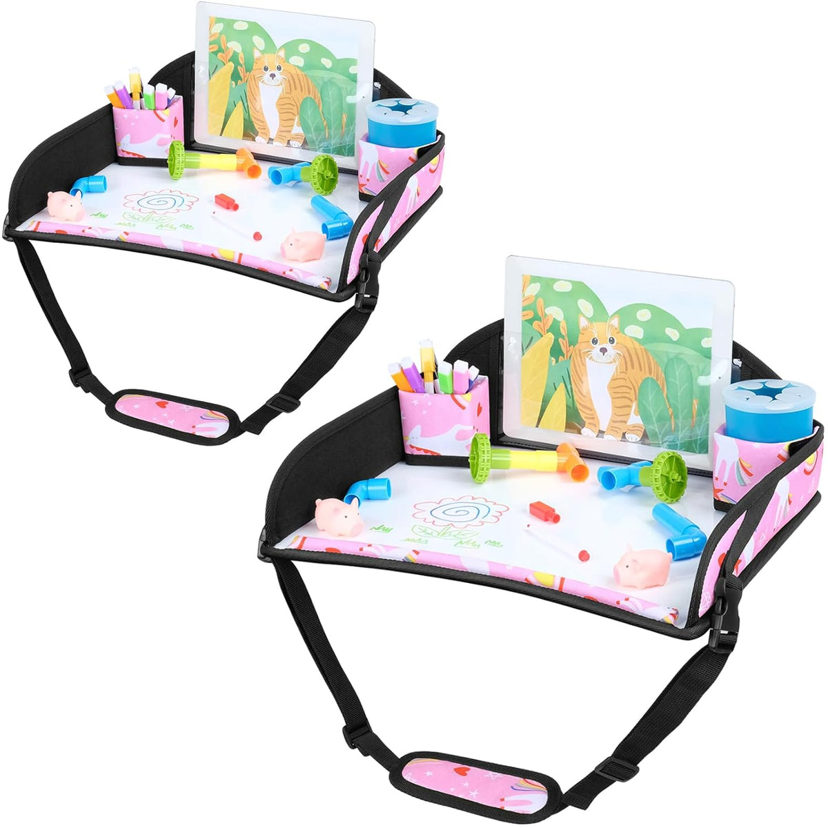 COOLBEBE Kids Travel Tray for Car Seat & Airplane, Pink Unicorn, 2-Pack