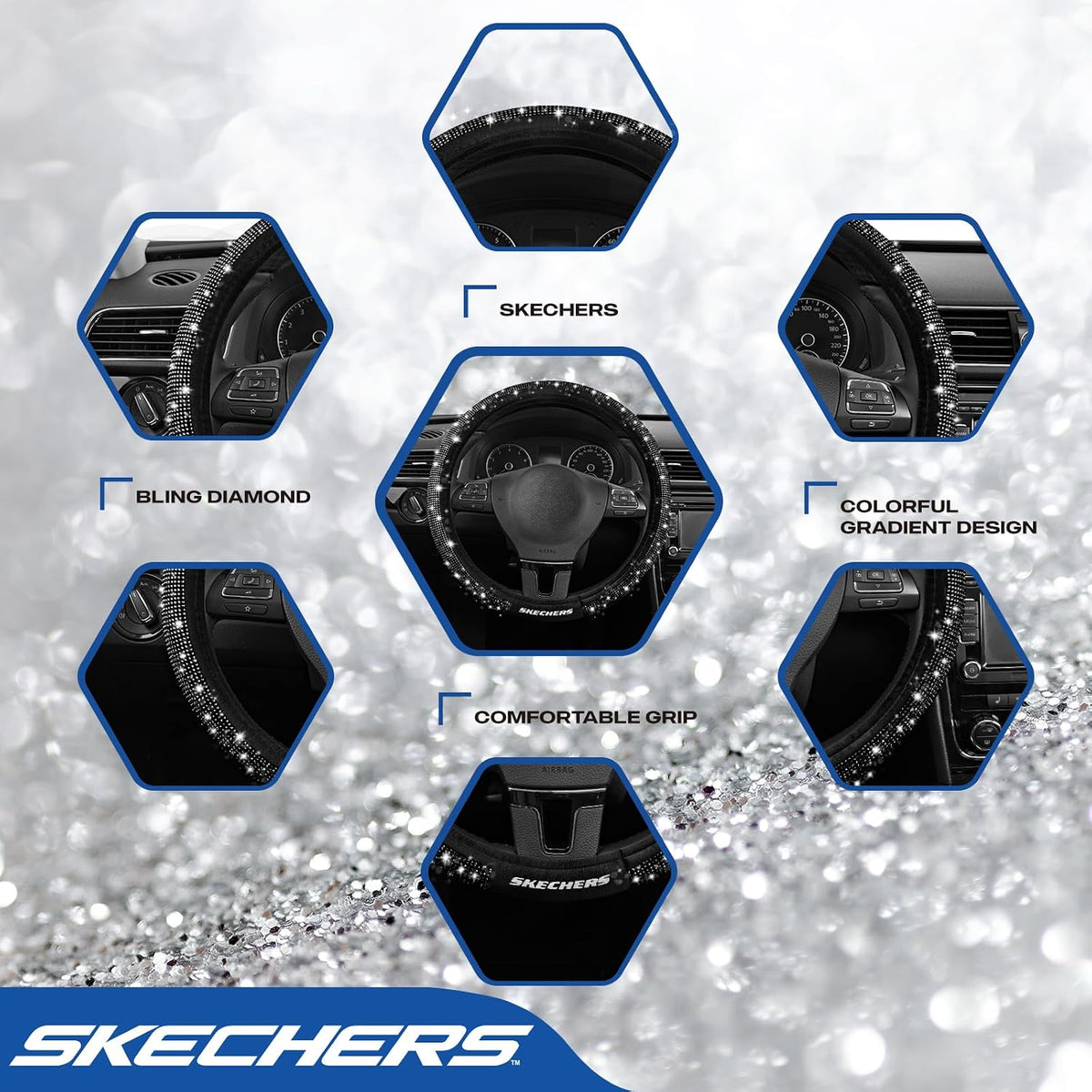 Skechers Women’s Bling Steering Wheel Cover, Velvet with Sparkly Crystal Rhinestones, Stylish Car Interior Gift, Universal Fit 14" 1/2-15" for Cars, SUVs, Trucks, Black Diamond