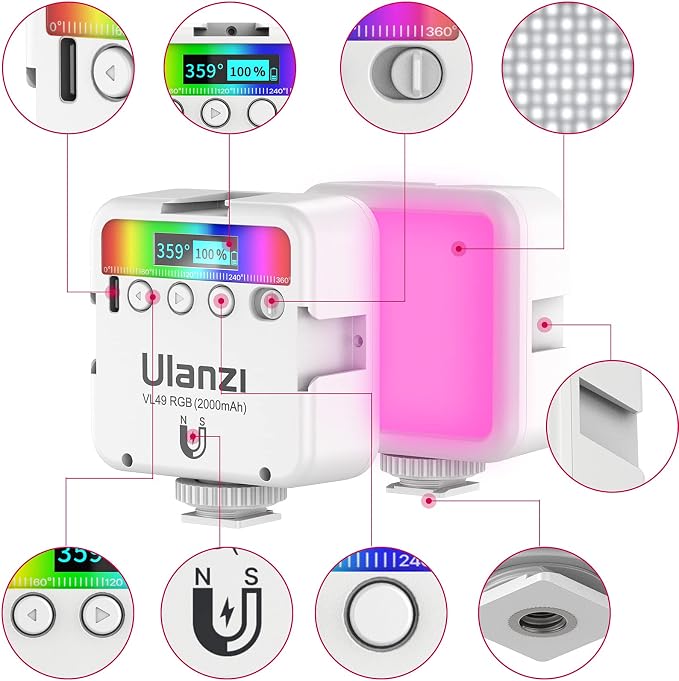 ULANZI VL49 RGB Video Lights White, LED Camera Light 360° Full Color Portable
