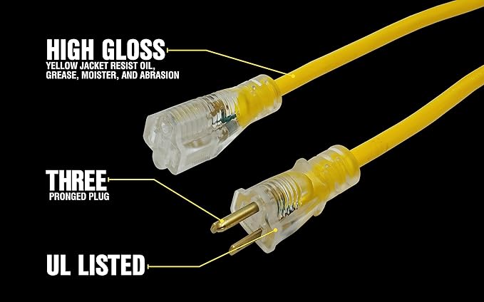 Southwire Yellow Jacket Heavy Duty Extension Cord - Reliable Outdoor Power for Tools & Equipment - Lighted End with Weather Resistant SJTW Jacket - 25 Foot