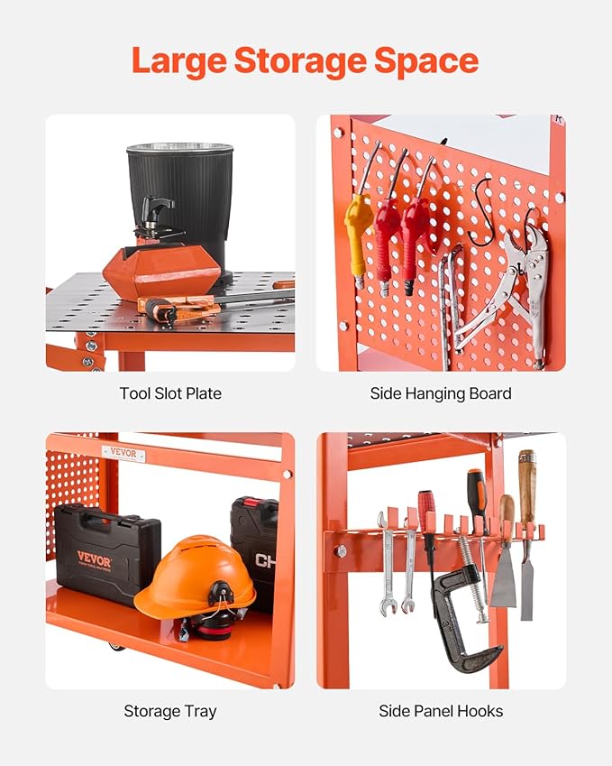 VEVOR Welding Table, 40" x 24" Welding Workbench Table with 800LBS Static Weight Capacity, Movable Steel Work Bench with 4 Wheels (2 with Brake), Double-Layer Storage Board and 5/8-inch Fixture Holes