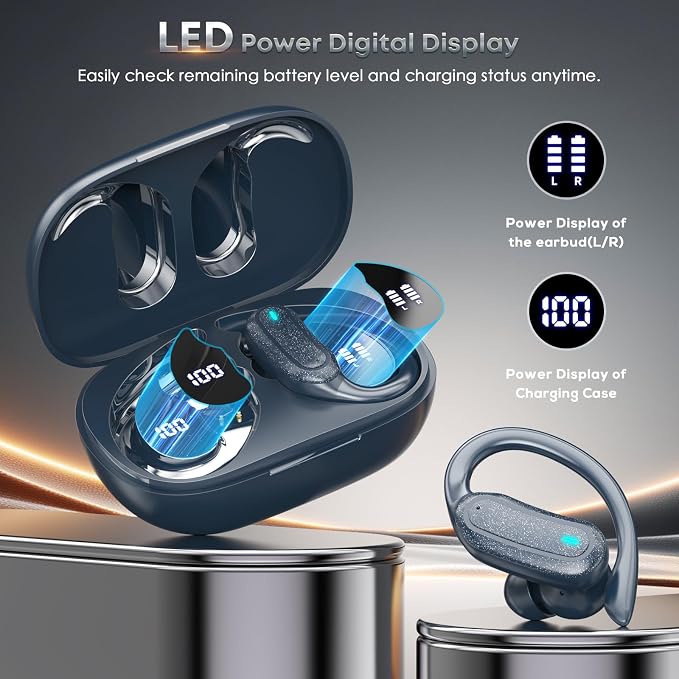 TRAUSI Wireless Earbuds Bluetooth Headphones, 54H Playtime Stereo Over Ear Buds with ENC Noise Cancelling, LED Power Display, IPX7 Waterproof Sport Earphones wih Earhooks for Running/Workouts Blue