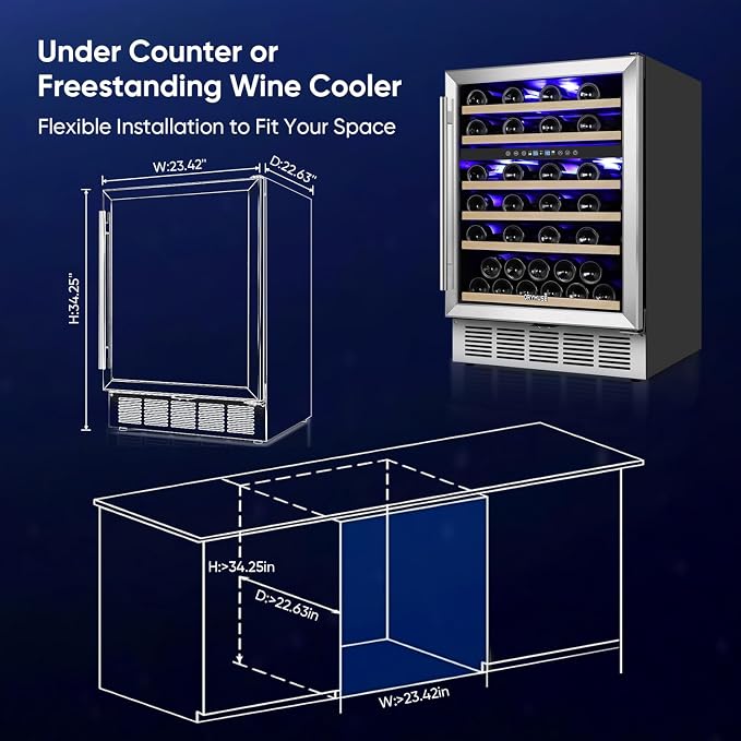 24 Inch Wine Cooler Refrigerator, 52 Bottle Dual Zone Wine Fridge with Stainless Steel Glass Door, Adjustable Shelves, Upgraded Compressor, Built-In Freestanding for Home, Bar, Kitchen