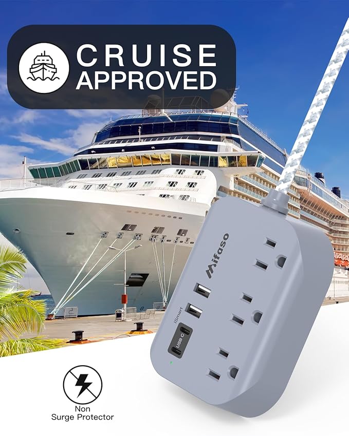 Cruise Ship Essentials - 5Ft Flat Extension Cord with Multiple Outlets, Power Strip USB Charging Station with Non Surge Protector for Cruise Ship, Travel, Dorm Room Essentials, Grey