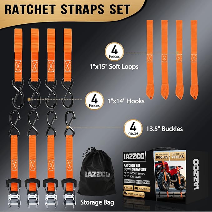 Ratchet Straps - Heavy Duty Tie Downs Straps - 1 Inch x 15 Feet 4 Pack - Safety S Hooks & Soft Loops, 1800LBS Break Strength for Men, Trucks Cargo Moving appliances Motorcycle ATV（Orange）