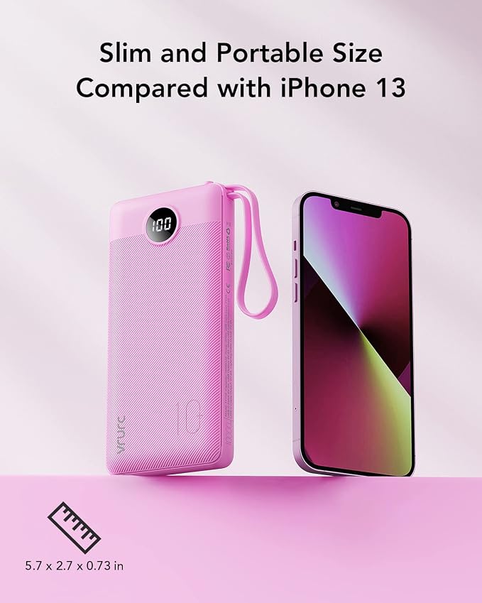 VRURC Portable Charger 10000mAh, Travel Essentials Battery Pack, 5 Output 2 Input Power Bank, Built-in Micro & USB C Cables Phone Charger for iPhone 17 Pro 17 16 15 14 13,Android-Purple(1 Pack)