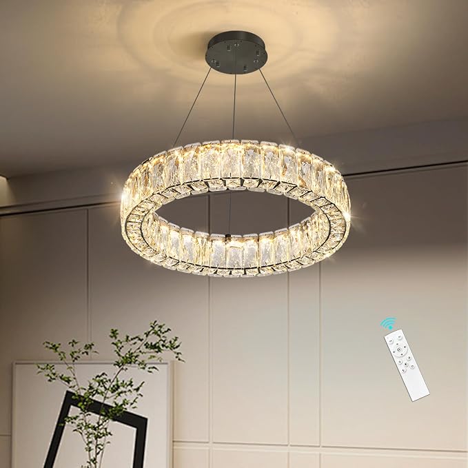 HAIXIANG Modern Crystal Chandelier Dimmable LED 16 Inch Ring Pendant Lights