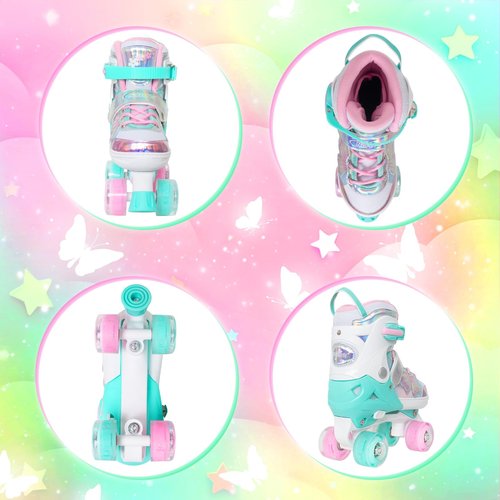 Nattork Kids Roller Skates for Girls Boys - Teal for Toddlers Age 3 4 5 - Adjustable All Light up Wheels Butterfly and Flower Indoor Outdoor Sports Birthday Gift for Son and Grandson, X-Small(7C-9C)