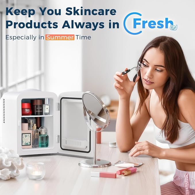 Antarctic Star Compact Refrigerator, Portable Mini Fridge, Skin Care 4L Capacity/6 Cans, for Bedroom, Car, Office & Dorm, Small Cooler for Cosmetics, Magnetic Brushed Stainless Steel Door, White