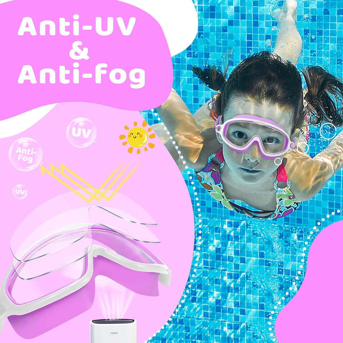 Vvinca Kids Swim Goggles - Wide View Anti-Fog UV Protection | Bungee Strap for Ages 3-14
