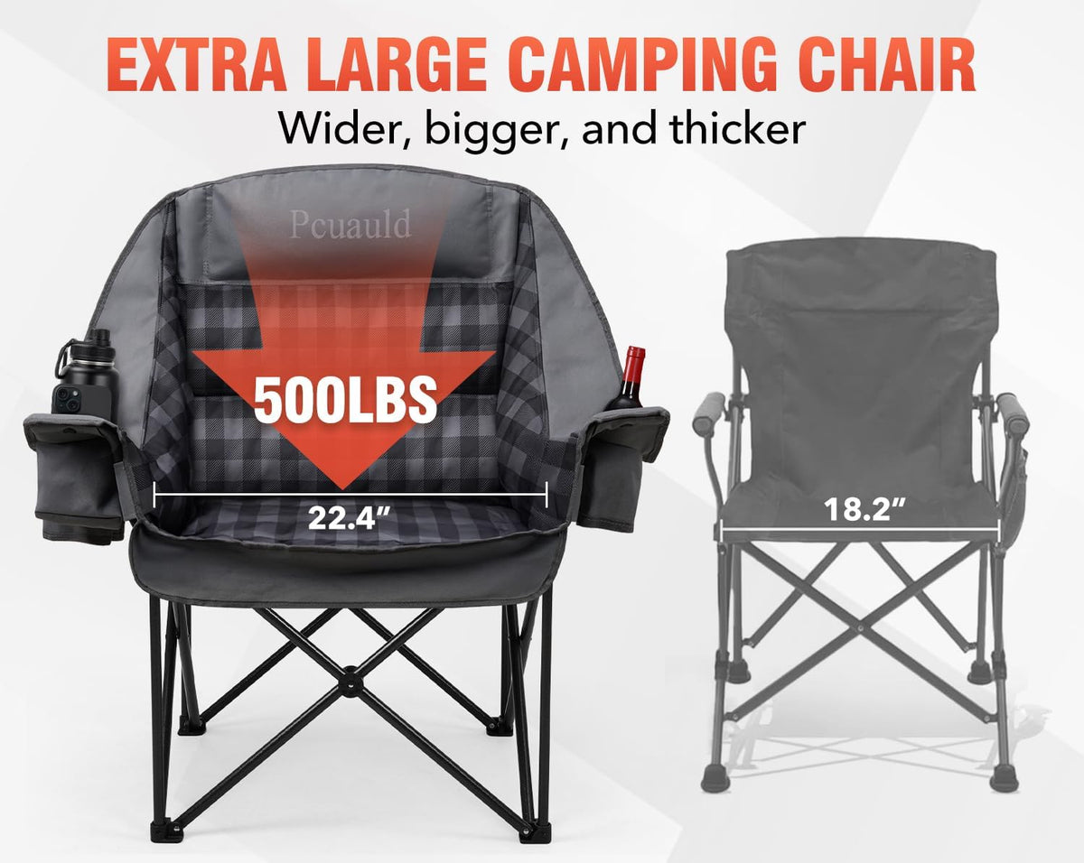 Skiennix Heavy-Duty Camping Chairs - 2 Pack XL Padded Folding Chairs with Cup Holder | Supports 500lbs