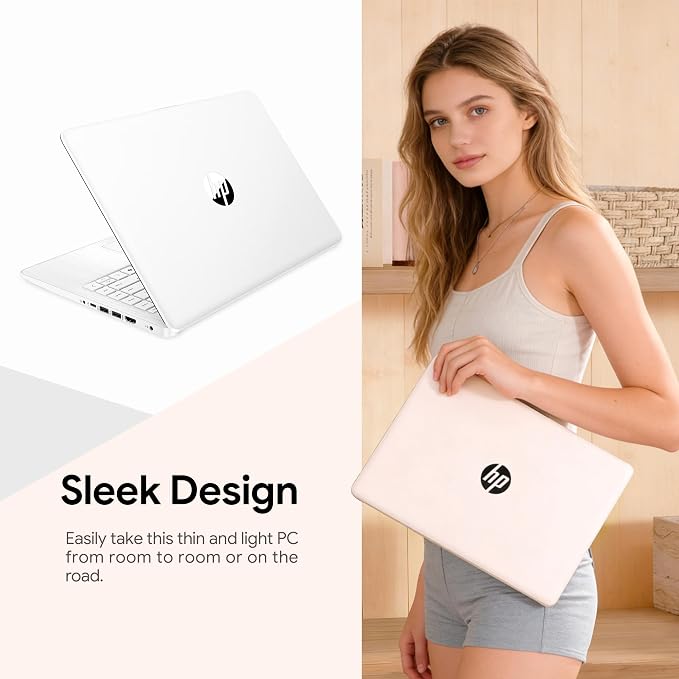 HP 14" Laptop · Microsoft 365 Included · 576GB Storage (64GB + 512GB SD) · 4GB RAM · HD Display · 12-Hour Battery · WiFi · Bluetooth · Windows 11 White